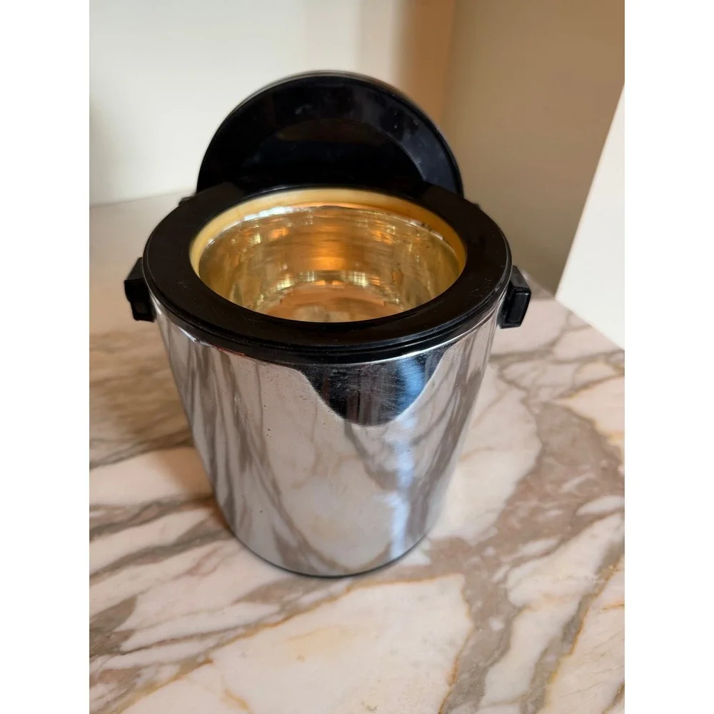 Vintage Stainless Steel Ice Bucket with Black Lid and‎ Handle